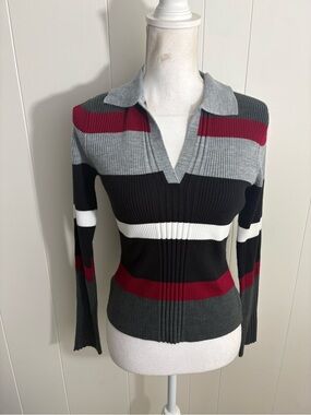 Vintage SO...GSJC Striped V-Neck Sweater in Gray, Black & Red